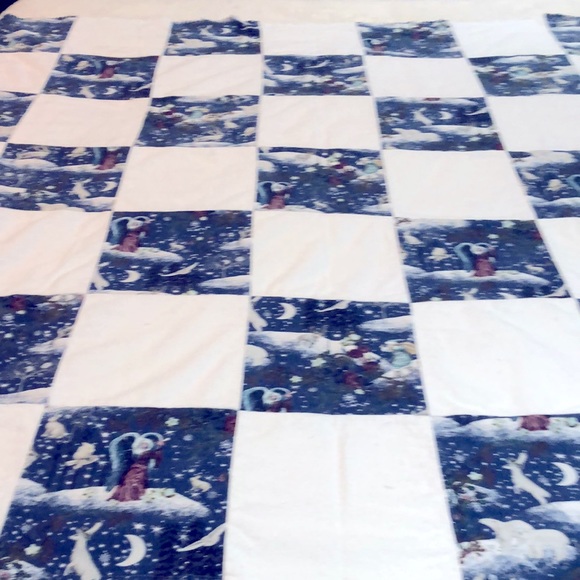 NWT RAG QUILT LARGE HANDMADE ANGELIC SOLSTICE With ANGELS  FRINGED Approx 70x70 - Picture 7 of 8